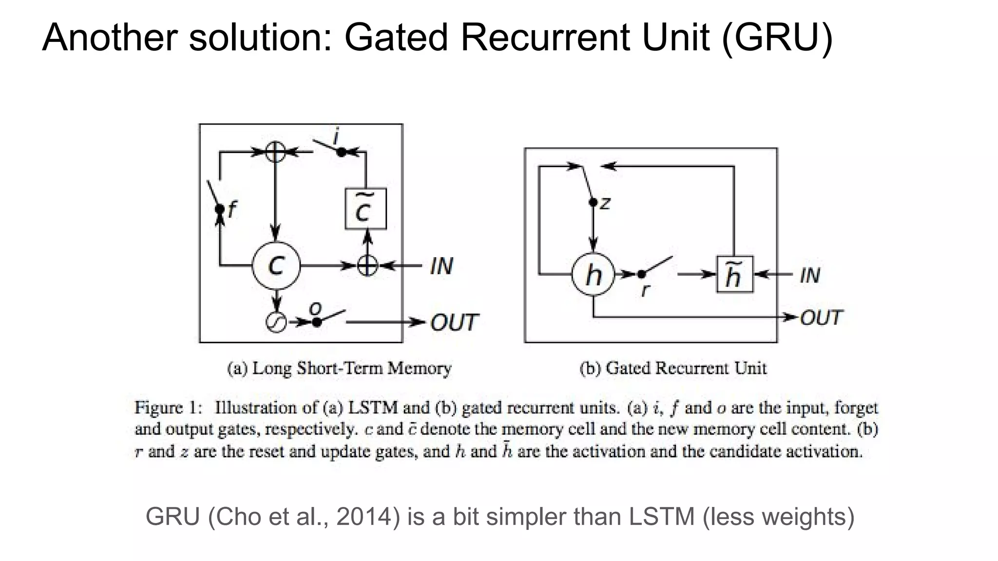 Another solution: Gated Recurrent Unit (GRU)
GRU (Cho et al., 2014) is a bit simpler than LSTM (less weights)
 