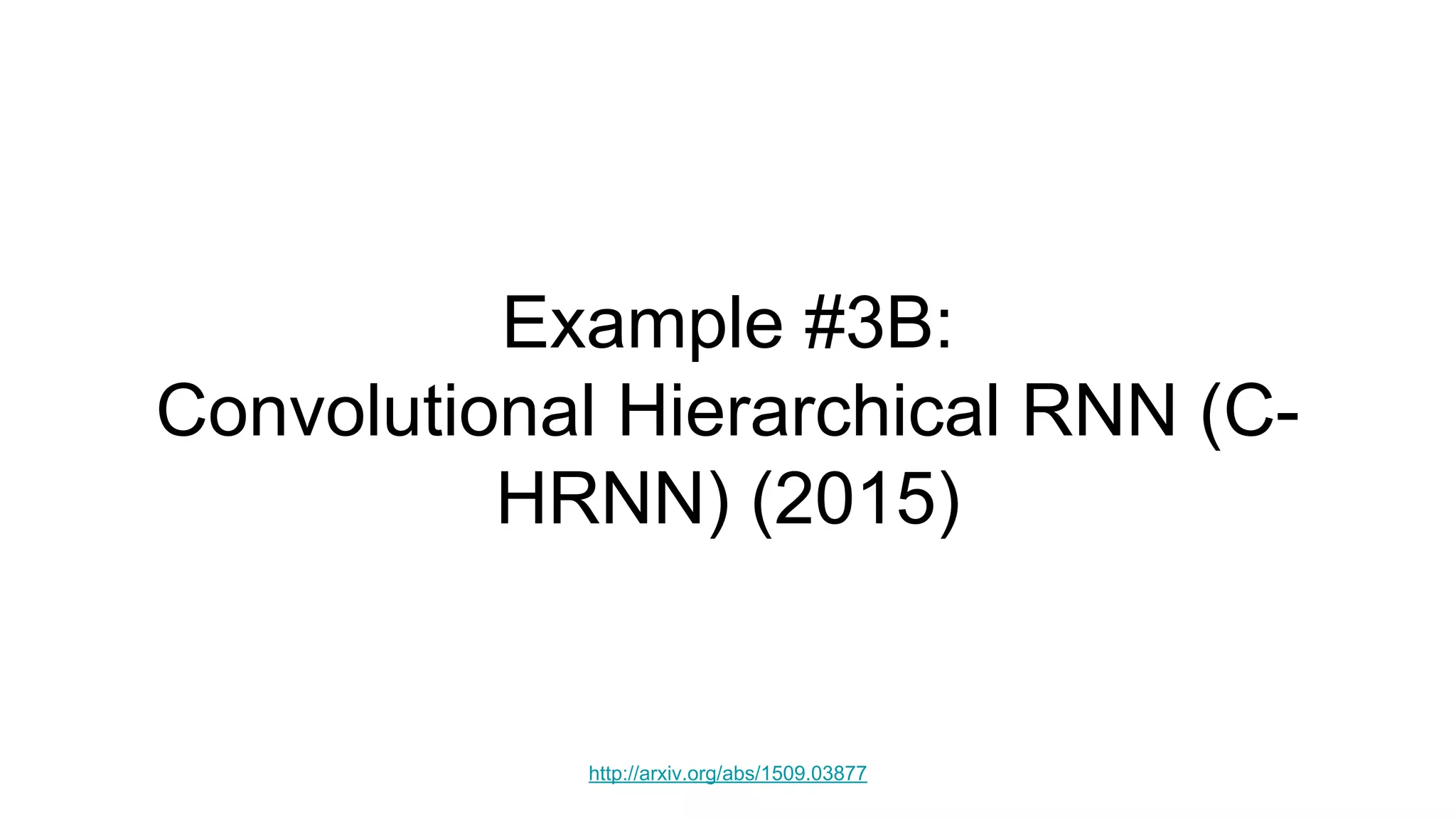 Example #3B:
Convolutional Hierarchical RNN (C-
HRNN) (2015)
http://arxiv.org/abs/1509.03877
 
