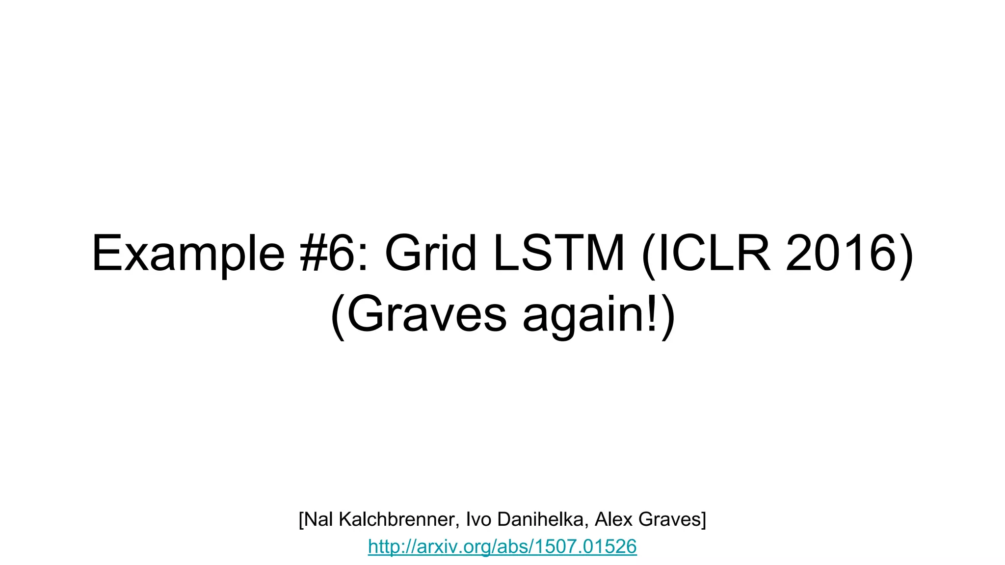 Example #6: Grid LSTM (ICLR 2016)
(Graves again!)
[Nal Kalchbrenner, Ivo Danihelka, Alex Graves]
http://arxiv.org/abs/1507.01526
 