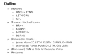 Outline
● RNN intro
○ RNN vs. FFNN
○ LSTM/GRU
○ CTC
● Some architectural issues
○ BRNN
○ MDRNN
○ MDMDRNN
○ HSRNN
● Some recent results
○ (same ideas) 2D LSTM, CLSTM, C-RNN, C-HRNN
○ (new ideas) ReNet, PyraMiD-LSTM, Grid LSTM
● (Discussion) RNN vs CNN for Computer Vision
● Resources
 