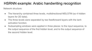HSRNN example: Arabic handwriting recognition
Network structure:
● The hierarchy contained three levels, multidirectional MDLSTM (so 4 hidden
layers for 2D data).
● The three levels were separated by two feedforward layers with the tanh
activation function.
● Subsampling windows were applied in three places: to the input sequence, to
the output sequence of the first hidden level, and to the output sequence of
the second hidden level.
 