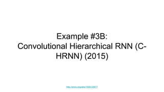 Example #3B:
Convolutional Hierarchical RNN (C-
HRNN) (2015)
http://arxiv.org/abs/1509.03877
 