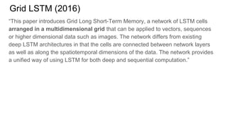 Grid LSTM (2016)
“This paper introduces Grid Long Short-Term Memory, a network of LSTM cells
arranged in a multidimensional grid that can be applied to vectors, sequences
or higher dimensional data such as images. The network differs from existing
deep LSTM architectures in that the cells are connected between network layers
as well as along the spatiotemporal dimensions of the data. The network provides
a unified way of using LSTM for both deep and sequential computation.”
 