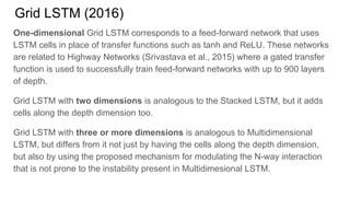 Grid LSTM (2016)
One-dimensional Grid LSTM corresponds to a feed-forward network that uses
LSTM cells in place of transfer functions such as tanh and ReLU. These networks
are related to Highway Networks (Srivastava et al., 2015) where a gated transfer
function is used to successfully train feed-forward networks with up to 900 layers
of depth.
Grid LSTM with two dimensions is analogous to the Stacked LSTM, but it adds
cells along the depth dimension too.
Grid LSTM with three or more dimensions is analogous to Multidimensional
LSTM, but differs from it not just by having the cells along the depth dimension,
but also by using the proposed mechanism for modulating the N-way interaction
that is not prone to the instability present in Multidimesional LSTM.
 