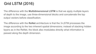 Grid LSTM (2016)
The difference with the Multidimensional LSTM is that we apply multiple layers
of depth to the image, use three-dimensional blocks and concatenate the top
output vectors before classification.
The difference with the ReNet architecture is that the 3-LSTM processes the
image according to the two inherent spatial dimensions; instead of stacking hidden
layers as in the ReNet, the block also modulates directly what information is
passed along the depth dimension.
 