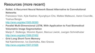 Resources (more recent)
- ReNet: A Recurrent Neural Network Based Alternative to Convolutional
Networks
Francesco Visin, Kyle Kastner, Kyunghyun Cho, Matteo Matteucci, Aaron Courville,
Yoshua Bengio
http://arxiv.org/abs/1505.00393
- Parallel Multi-Dimensional LSTM, With Application to Fast Biomedical
Volumetric Image Segmentation
Marijn F. Stollenga, Wonmin Byeon, Marcus Liwicki, Juergen Schmidhuber
http://arxiv.org/abs/1506.07452
- Grid Long Short-Term Memory
Nal Kalchbrenner, Ivo Danihelka, Alex Graves
http://arxiv.org/abs/1507.01526
 