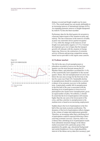 30
MACROECONOMIC DEVELOPMENTS REPORT
October 2013
distance covered and freight weight) rose by mere
5.5%. The overall annual rise was mostly attributable to
an increasing turnover of international carriage (4.8%).
An expanding domestic turnover of freight transported
by road (8.1%) has also been recorded.
Preliminary data for the third quarter do not point to
a buoyant improvement of the situation at ports and
railway. The rate of decrease in the turnover of traffic
at ports was somewhat slower quarter-on-quarter
(7.1%), while the changes in the turnover of rail
freight were particularly negative (17.1%). External
developments give rise to hopes that the transport
growth will rebound, with the situation in Europe
improving. However, the contraction of economic
activity in Russia and growing competition among
transit service providers in the region cause concern.
4.3 Labour market
The fall in the rate of real unemployment or
jobseekers recorded in Latvia over the last four
quarters was the most buoyant among the EU
Member States, and jobseekers accounted for 11.4%
of the economically active population in the second
quarter. Hence, the real unemployment in Latvia was
below the euro area average for the first time in the
last five years (see Chart 4.8). Sustainable decline
in unemployment should be considered as a current
evidence of an economic recovery in the medium
term. A particularly notable fall in unemployment
in the first half of the year is associated with the
declining level of participation (a lower level of
participation also means lower unemployment, given
an equal number of jobs). Nevertheless, it should
be noted that the level of participation still remains
higher than the one seen at the lowest point of the
crisis, and thus a decline in unemployment in the
medium term is based on an increasing employment.
Sudden drop in the level of participation in the first
half of the year lacks economic justification. The
dynamics of the level of participation reflects changes
in the volume of output and employment generally.
Therefore, an increasing rather than a declining level
of participation could be expected following a three-
year-long economic recovery. Likewise, there is no
evidence that a shrinking level of participation results
from substantial structural changes in the labour
market associated with a particular group of the
population (by gender, age, educational background
and similar breakdown). Given a high plausibility
interval of the labour survey data (low accuracy), part
4. Aggregate Supply
Chart 4.8
RATE OF jobseekers
(%)
 