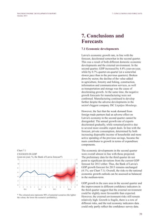 39
MACROECONOMIC DEVELOPMENTS REPORT
October 2013
7. Conclusions and
Forecasts
7.1 Economic developments
Latvia's economic growth rate, in line with the
forecast, decelerated somewhat in the second quarter.
This was a result of both different domestic economic
developments and the external environment. In the
second quarter, GDP increased by 4.4% year-on-year,
while by 0.7% quarter-on-quarter (at a somewhat
slower pace than in the previous quarters). Broken
down by sector, the decline of the value added
in agriculture, forestry and fishing, construction,
information and communication services, as well
as transportation and storage was the cause of
decelerating growth. At the same time, the negative
growth forecasts for manufacturing were not
confirmed. Manufacturing continued to develop
further despite the adverse developments in the
sector's biggest company JSC Liepājas Metalurgs.
However, the fact that the weak demand from
foreign trade partners had an adverse effect on
Latvia's economy in the second quarter cannot be
disregarded. The annual growth rate of exports
decelerated gradually, while remained positive due
to several more sizeable export deals. In line with the
forecast, private consumption, determined by both
increasing disposable income of households and more
active spending of the previous savings, became the
main contributor to growth in terms of expenditure
components.
The economic developments in the second quarter
were overall almost in line with those projected.
The preliminary data for the third quarter do not
point to significant deviations from the current GDP
forecast for 2013 either. Thus, the Bank of Latvia's
GDP growth forecast for 2013 remains unchanged
(4.1%; see Chart 7.1). Overall, the risks to the national
economic growth outlook can be assessed as balanced
in the medium-term.
GDP growth in the euro area in the second quarter and
the improvement in different confidence indicators in
the third quarter suggest that the external environment
could be slightly more favourable than expected.
However, the external environment risks still remain
relatively high. Growth is fragile, there is a row of
different risks, and the real economy indicators data
could only partly reflect the confidence survey data.
7. Conclusions and Forecasts
Chart 7.1
CHANGES in GDP
(year-on-year; %; the Bank of Latvia forecast*)
* The coloured area represents 90% of potential scenarios (the lighter
the colour, the lower the scenario's probability).
 