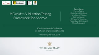Kevin Moran,
MicheleTufano,
Carlos Bernal-Cárdenas,
Mario Linares-Vásquez,
Gabriele Bavota,
ChristopherVendome,
Massimiliano DiPenta, and
Denys Poshyvanyk
MDroid+:A MutationTesting
Framework for Android
40th International Conference
on Software Engineering (ICSE’18)
Wednesday, May 30th, 2018
 