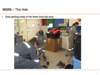 MDRS – The Hab

• Crew getting ready in the lower level lab area




                                                   8
 