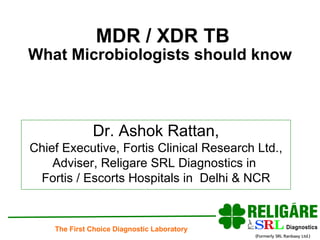 MDR / XDR TB What Microbiologists should know Dr. Ashok Rattan, Chief Executive, Fortis Clinical Research Ltd., Adviser, Religare SRL Diagnostics in  Fortis / Escorts Hospitals in  Delhi & NCR 