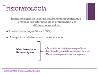 +
Trastorno clonal de la célula madre hematopoyética que
provocar una alteración de la proliferación y la
diferenciación celular
 Alteraciones citogenética (± 50%)
 Aneuploidía más frecuente que traslocación
SÍNDROMES MIELODISPLÁSICOS
FISIOPATOLOGÍA
Manifestaciones
Hematológicas
• Acumulación de lesiones genéticas
•Pérdida de genes de supresión tumoral
•Mutaciones que activan oncogenes
 