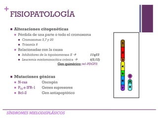 +
 Alteraciones citogenéticas
 Pérdida de una parte o todo el cromosoma
 Cromosomas 5,7 y 20
 Trisomía 8
 Relacionadas con la causa
 Inhibidores de la topoisomerasa II  11q23
 Leucemia mielomonocítica crónica  t(5;12)
Gen quimérico: tel-PDGFß
 Mutaciones génicas
 N-ras Oncogén
 P53 e IFR-1 Genes supresores
 Bcl-2 Gen antiapoptótico
SÍNDROMES MIELODISPLÁSICOS
FISIOPATOLOGÍA
 