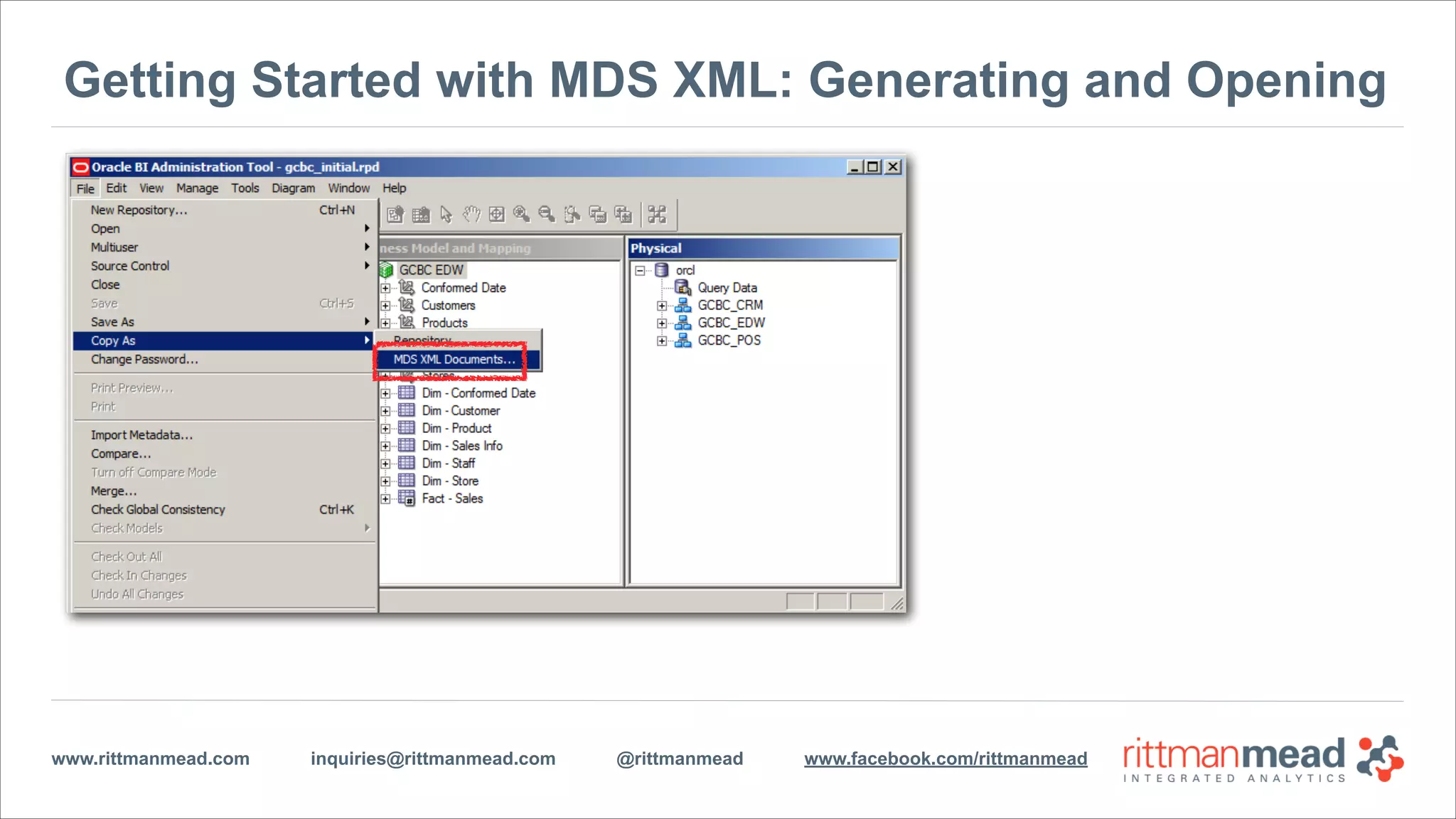 www.rittmanmead.com inquiries@rittmanmead.com @rittmanmead www.facebook.com/rittmanmead
“Metadata-only” Multi-User Development
•Merging is done by the
developer instead of a
“source master”
•The master repository is not
itself checked into version
control
•Siloed merging and
branching
•Doesn’t version entire BI
project
 