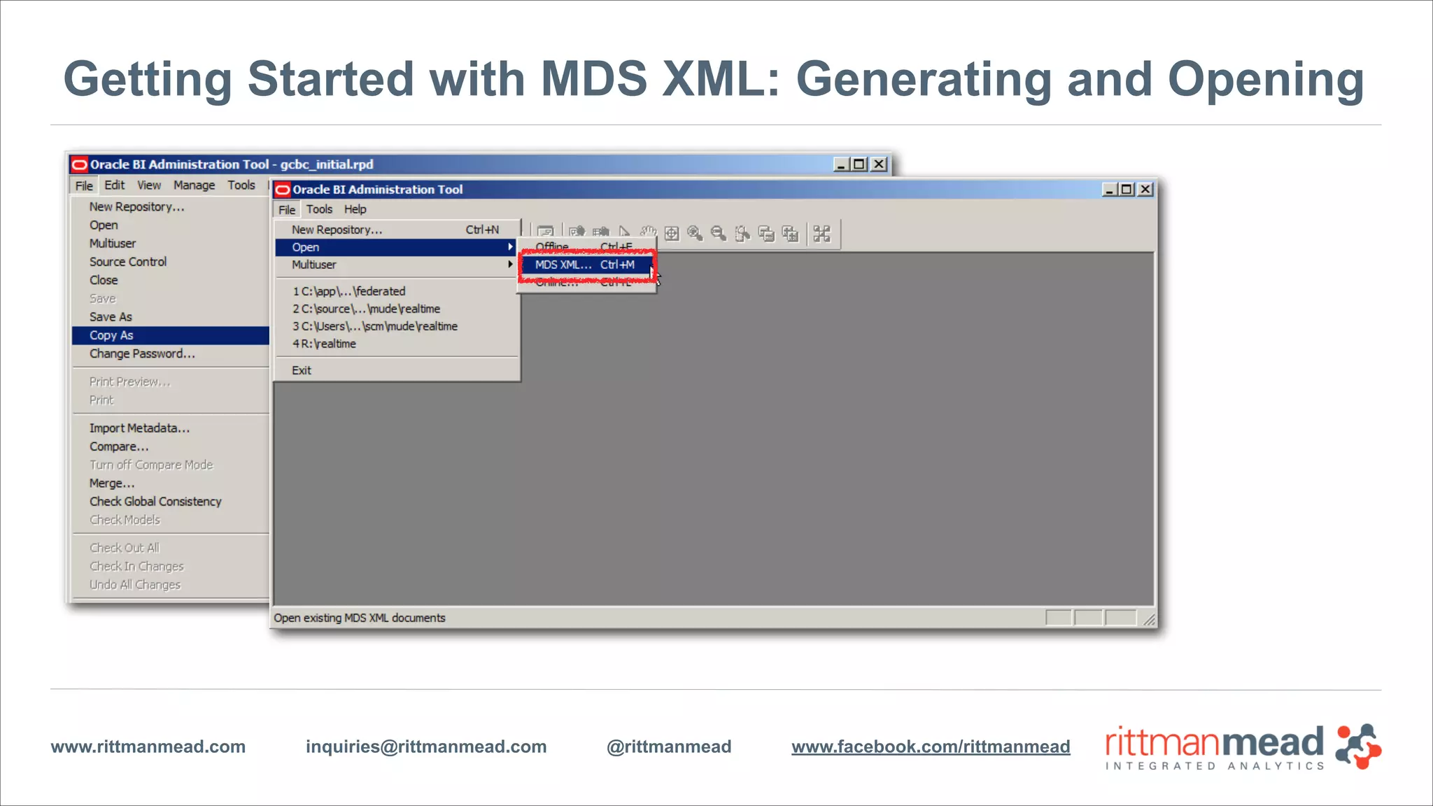 www.rittmanmead.com inquiries@rittmanmead.com @rittmanmead www.facebook.com/rittmanmead
The MDS XML Repository Storage Format
•New in OBIEE 11.1.1.6
•Like XUDML, but individual documents
for first-class repository objects
•Binary repository files are still required
for the BI Server
‣Generated by the Admin Tool
‣Generated by validaterpd command-
line utility
‣NOTE: Don’t use biserverxmlexec
command-line utility
•Integration with version control systems
built into the Admin Tool
 