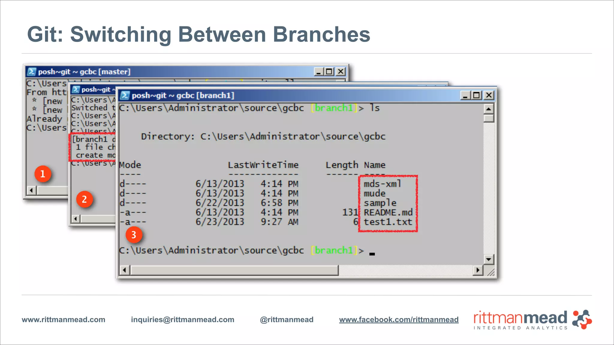 www.rittmanmead.com inquiries@rittmanmead.com @rittmanmead www.facebook.com/rittmanmead
Version Control using GIT
•Initially designed and developed by
Linus Torvalds for Linux kernel
development
•Local repository for remote
publishing
‣Continual local commits
‣Periodic network publication
•Commands we care about today:
==> git checkout!
==> git commit!
==> git merge!
==> git rebase!
==> git reset!
==> git push/pull
 