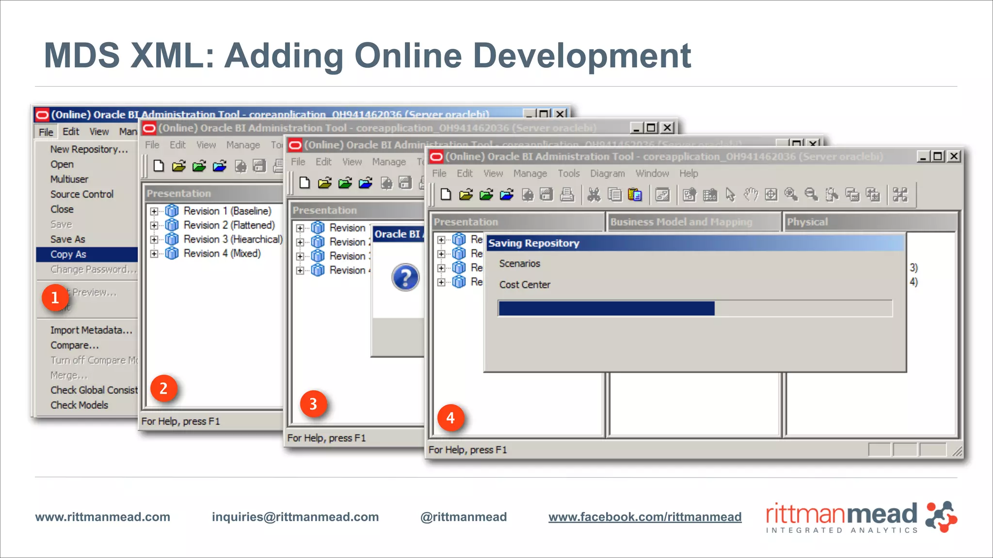 www.rittmanmead.com inquiries@rittmanmead.com @rittmanmead www.facebook.com/rittmanmead
MDS XML: Full Development Environment (Simple Install)
•RPD Development requires a BI Server
‣See the BI Server Intelligent Request
Generation
‣See SQL or MDX Generation
•RPD Development requires a query
tool
‣Something to query the BI Server
‣Presentation Server works well
•RPD Development requires data
visualization
‣OBIEE just so happens to have that
 