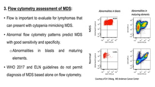 3. Flow cytometry assessment of MDS:
• Flow is important to evaluate for lymphomas that
can present with cytopenia mimicking MDS.
• Abnormal flow cytometry patterns predict MDS
with good sensitivity and specificity.
oAbnormalities in blasts and maturing
elements.
• WHO 2017 and ELN guidelines do not permit
diagnosis of MDS based alone on flow cytometry.
 