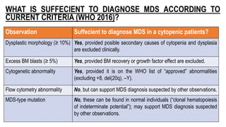 WHAT IS SUFFECIENT TO DIAGNOSE MDS ACCORDING TO
CURRENT CRITERIA (WHO 2016)?
Observation Suffecient to diagnose MDS in a cytopenic patients?
Dysplastic morphology (≥ 10%) Yes, provided posible secondary causes of cytopenia and dysplasia
are excluded clinically.
Excess BM blasts (≥ 5%) Yes, provided BM recovery or growth factor effect are excluded.
Cytogenetic abnormality Yes, provided it is on the WHO list of “approved” abnormalities
(excluding +8, del(20q), –Y).
Flow cytometry abnormality No, but can support MDS diagnosis suspected by other observations.
MDS-type mutation No, these can be found in normal individuals (“clonal hematopoiesis
of indeterminate potential”); may support MDS diagnosis suspected
by other observations.
 