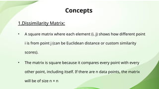 Concepts
1.Dissimilarity Matrix:
• A square matrix where each element (i, j) shows how different point
i is from point j (can be Euclidean distance or custom similarity
scores).
• The matrix is square because it compares every point with every
other point, including itself. If there are n data points, the matrix
will be of size n × n
 