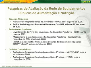 Pesquisas de Avaliação da Rede de Equipamentos
                Públicos de Alimentação e Nutrição
      •     Banco de Alimentos:
             – Avaliação do Programa Banco de Alimentos – REDES, abril a agosto de 2008.
             – Avaliação do Programa Banco de Alimentos – DataUFF, julho de 2010 a maio
                de 2011
      •     Restaurantes Populares:
             – Levantamento do Perfil dos Usuários de Restaurantes Populares – IBOPE, abril a
                maio de 2005;
             – Mapeamento e caracterização de Restaurantes Populares - Instituto Pólis,
                novembro de 2004 a junho de 2005;
             – Identificação de Perfil e Avaliação dos Usuários de Restaurantes Populares –
                CESOP/FUCAMP, junho a outubro de 2008;

      •     Cozinhas Comunitárias:
             – Avaliação do Programa Cozinhas Comunitárias 1°rodada – NUPENS/USP, maio a
                setembro de 2006;
             – Avaliação do Programa Cozinhas Comunitárias 2°rodada – FEALQ, maio a
                novembro de 2008;

SAGI - Secretaria de Avaliação e Gestão da Informação
 