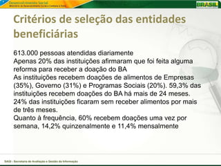Critérios de seleção das entidades
      beneficiárias
      613.000 pessoas atendidas diariamente
      Apenas 20% das instituições afirmaram que foi feita alguma
      reforma para receber a doação do BA
      As instituições recebem doações de alimentos de Empresas
      (35%), Governo (31%) e Programas Sociais (20%). 59,3% das
      instituições recebem doações do BA há mais de 24 meses.
      24% das instituições ficaram sem receber alimentos por mais
      de três meses.
      Quanto à frequência, 60% recebem doações uma vez por
      semana, 14,2% quinzenalmente e 11,4% mensalmente




SAGI - Secretaria de Avaliação e Gestão da Informação
 