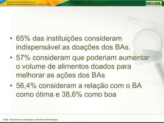 • 65% das instituições consideram
        indispensável as doações dos BAs.
      • 57% consideram que poderiam aumentar
        o volume de alimentos doados para
        melhorar as ações dos BAs
      • 56,4% consideram a relação com o BA
        como ótima e 38,6% como boa


SAGI - Secretaria de Avaliação e Gestão da Informação
 