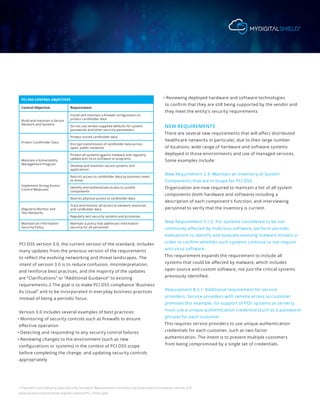 2 Payment Card Industry Data Security Standard “Requirements and Security Assessment Procedures version 3.0”
www.pcisecuritystandards.org/documents/PCI_DSSv3.pdf
PCI DSS version 3.0, the current version of the standard, includes
many updates from the previous version of the requirements
to reflect the evolving networking and threat landscapes. The
intent of version 3.0 is to reduce confusion, misinterpretation,
and reinforce best practices, and the majority of the updates
are “Clarifications” or “Additional Guidance” to existing
requirements.2 The goal is to make PCI DSS compliance ‘Business
As Usual” and to be incorporated in everyday business practices
instead of being a periodic focus.
Version 3.0 includes several examples of best practices:
• Monitoring of security controls such as firewalls to ensure
effective operation
• Detecting and responding to any security control failures
• Reviewing changes to the environment (such as new
configurations or systems) in the context of PCI DSS scope
before completing the change, and updating security controls
appropriately
• Reviewing deployed hardware and software technologies
to confirm that they are still being supported by the vendor and
they meet the entity’s security requirements
NEW REQUIREMENTS
There are several new requirements that will affect distributed
healthcare networks in particular, due to their large number
of locations, wide range of hardware and software systems
deployed in those environments and use of managed services.
Some examples include:
New Requirement 2.4: Maintain an Inventory of System
Components that are in Scope for PCI DSS.
Organization are now required to maintain a list of all system
components (both hardware and software) including a
description of each component’s function, and interviewing
personnel to verify that the inventory is current.
New Requirement 5.1.2: For systems considered to be not
commonly affected by malicious software, perform periodic
evaluations to identify and evaluate evolving malware threats in
order to confirm whether such systems continue to not require
anti-virus software.
This requirement expands the requirement to include all
systems that could be affected by malware, which includes
open source and custom software, not just the critical systems
previously identified.
Requirement 8.5.1: Additional requirement for service
providers: Service providers with remote access to customer
premises (for example, for support of POS systems or servers)
must use a unique authentication credential (such as a password/
phrase) for each customer.
This requires service providers to use unique authentication
credentials for each customer, such as two-factor
authentication. The intent is to prevent multiple customers
from being compromised by a single set of credentials.
PCI DSS CONTROL OBJECTIVES
Control Objective Requirement
Build and maintain a Secure
Network and Systems
Install and maintain a firewall configuration to
protect cardholder data
Do not use vendor-supplied defaults for system
passwords and other security parameters
Protect Cardholder Data
Protect stored cardholder data
Encrypt transmission of cardholder data across
open, public networks
Maintain a Vulnerability
Management Program
Protect all systems against malware and regularly
update anti-virus software or programs
Develop and maintain secure systems and
applications
Implement Strong Access
Control Measures
Restrict access to cardholder data by business need-
to-know
Identify and authenticate access to system
components
Restrict physical access to cardholder data
Regularly Monitor and
Test Networks
Track and monitor all access to network resources
and cardholder data
Regularly test security systems and processes
Maintain an Information
Security Policy
Maintain a policy that addresses information
security for all personnel
 