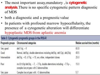 • The most important assay,mandatory , is cytogenetic
analysis.There is no specific cytogenetic pattern diagnostic
of MDS
• both a diagnostic and a prognostic value
• In patients with profound marrow hypocellularity, the
presence of a cytogenetic alteration will differentiate
hypoplastic MDS from aplastic anemia
• Recent 5-subgroup classification , forms basis of IPSS-R
 
