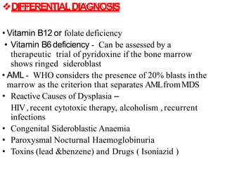 DIFFERENTIALDIAGNOSIS
• Vitamin B12 or folate deficiency
• Vitamin B6deficiency - Can be assessed by a
therapeutic trial of pyridoxine if the bone marrow
shows ringed sideroblast
• AML - WHO considers the presence of 20% blasts inthe
marrow as the criterion that separates AMLfromMDS
• Reactive Causes of Dysplasia –
HIV, recent cytotoxic therapy, alcoholism , recurrent
infections
• Congenital Sideroblastic Anaemia
• Paroxysmal Nocturnal Haemoglobinuria
• Toxins (lead &benzene) and Drugs ( Isoniazid )
 