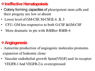 IneffectiveHematopoiesis
• Colony forming capacities of pleuripotent stem cells and
their progeny are low or absent
• Lower level of GM-CSF, M-CSF,IL6 .IL 3
• CFU- GM less responsive to both G-CSF &GM-CSF
• More dramatic in pts with RAEBor RAEB–t
Angiogenesis
• Autocrine production of angiogenic molecules promotes
expansion of leukemic clone
• Vascular endothelial growth factor(VEGF) and its receptor
VEGFR-1And VEGFR-2is overexpressed
 