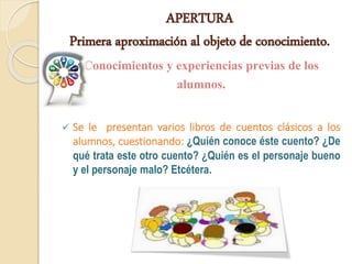 APERTURA 
Primera aproximación al objeto de conocimiento. 
Conocimientos y experiencias previas de los 
alumnos. 
 Se le presentan varios libros de cuentos clásicos a los 
alumnos, cuestionando: ¿Quién conoce éste cuento? ¿De 
qué trata este otro cuento? ¿Quién es el personaje bueno 
y el personaje malo? Etcétera. 
 