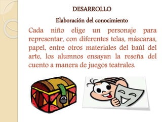 DESARROLLO 
Elaboración del conocimiento 
Cada niño elige un personaje para 
representar, con diferentes telas, máscaras, 
papel, entre otros materiales del baúl del 
arte, los alumnos ensayan la reseña del 
cuento a manera de juegos teatrales. 
 