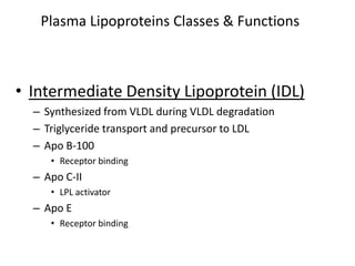 Plasma Lipoproteins Classes & Functions



• Intermediate Density Lipoprotein (IDL)
  – Synthesized from VLDL during VLDL degradation
  – Triglyceride transport and precursor to LDL
  – Apo B-100
     • Receptor binding
  – Apo C-II
     • LPL activator
  – Apo E
     • Receptor binding
 