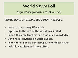 World Savvy Poll 
(high school graduates 18-24 yrs. old) 
IMPRESSIONS OF GLOBAL EDUCATION RECEIVED: 
• Instruction was very US-centric 
• Exposure to the rest of the world was limited. 
• I don’t think my teachers had that much knowledge. 
• Don’t recall anything on world events. 
• I don’t recall people discussing current global issues. 
• I wish it was discussed more often. 
 