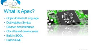 23 Cloud Saturday Atlanta
What is Apex?
• Object-Oriented Language
• Dot Notation Syntax
• Classes and Interfaces
• Cloud based development
• Built-in SOQL
• Built-in DML
 