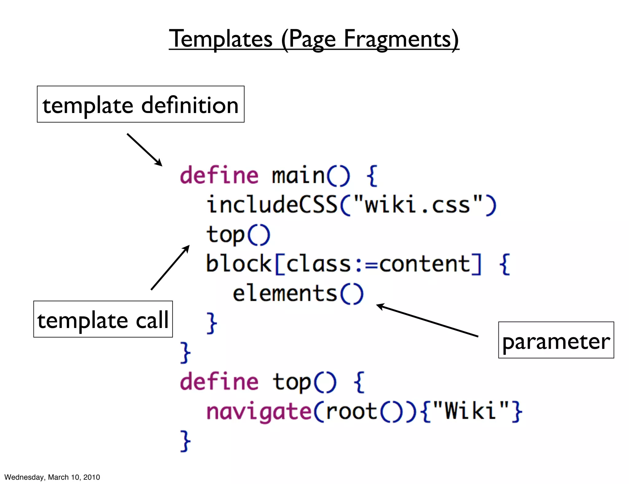 Templates (Page Fragments)

         template deﬁnition




        template call
                                                         parameter




Wednesday, March 10, 2010
 