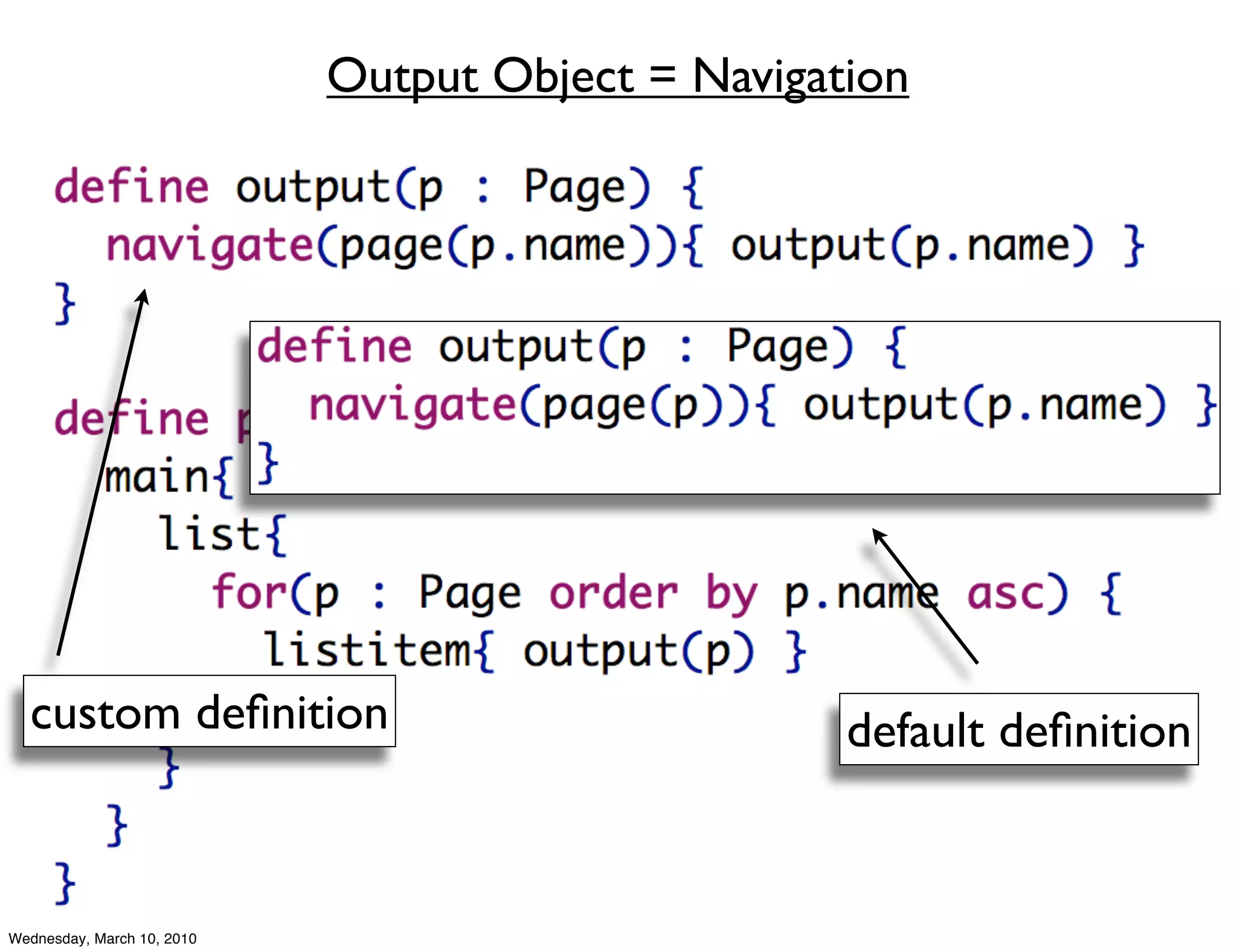 Output Object = Navigation




  custom deﬁnition                                 default deﬁnition


Wednesday, March 10, 2010
 