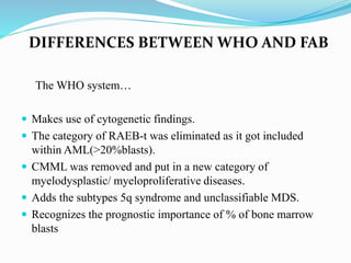 DIFFERENCES BETWEEN WHO AND FAB
The WHO system…
 Makes use of cytogenetic findings.
 The category of RAEB-t was eliminated as it got included
within AML(>20%blasts).
 CMML was removed and put in a new category of
myelodysplastic/ myeloproliferative diseases.
 Adds the subtypes 5q syndrome and unclassifiable MDS.
 Recognizes the prognostic importance of % of bone marrow
blasts
 
