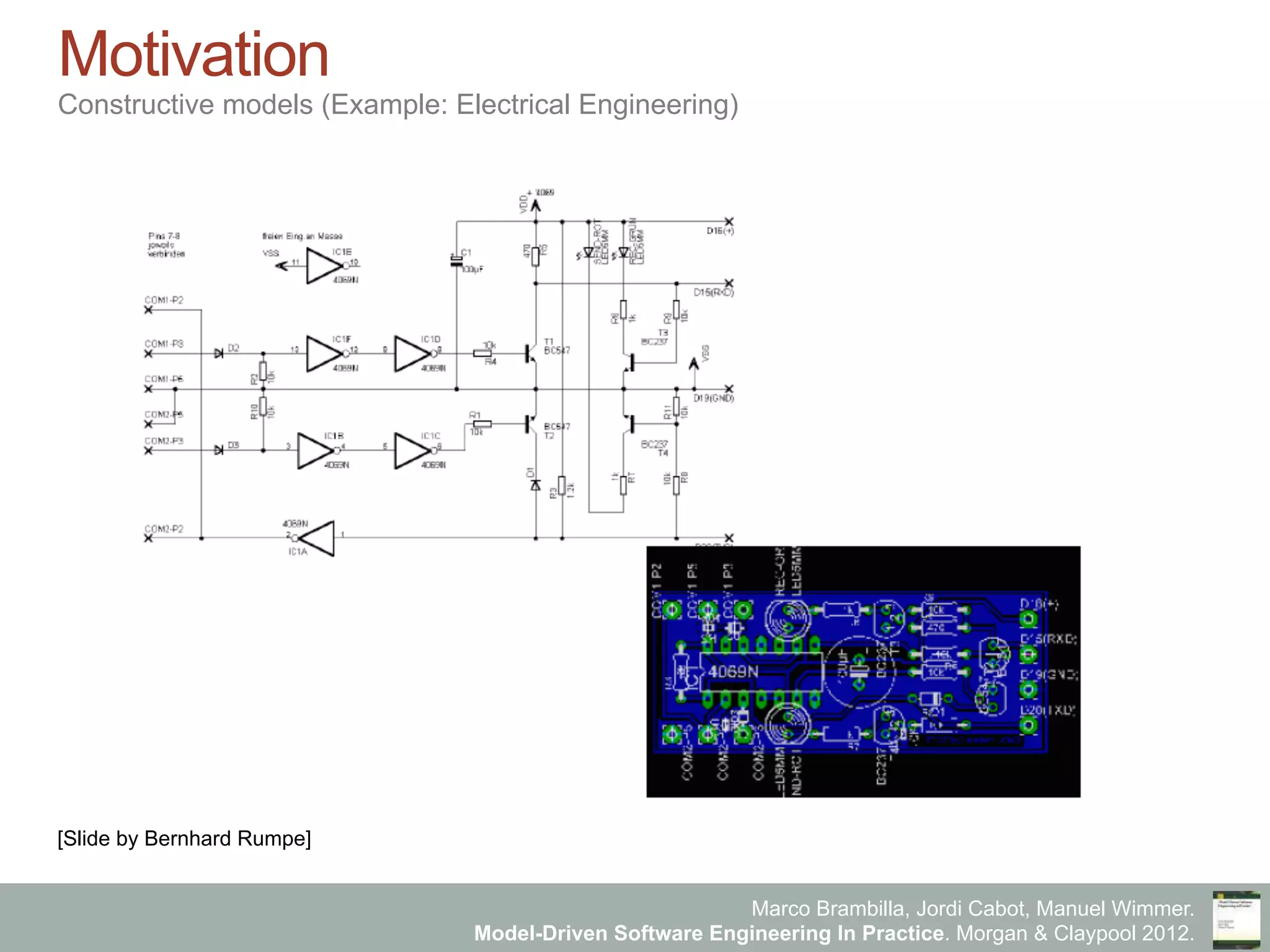 Marco Brambilla, Jordi Cabot, Manuel Wimmer.
Model-Driven Software Engineering In Practice. Morgan & Claypool 2012.
Motivation
Constructive models (Example: Electrical Engineering)
[Slide by Bernhard Rumpe]
 