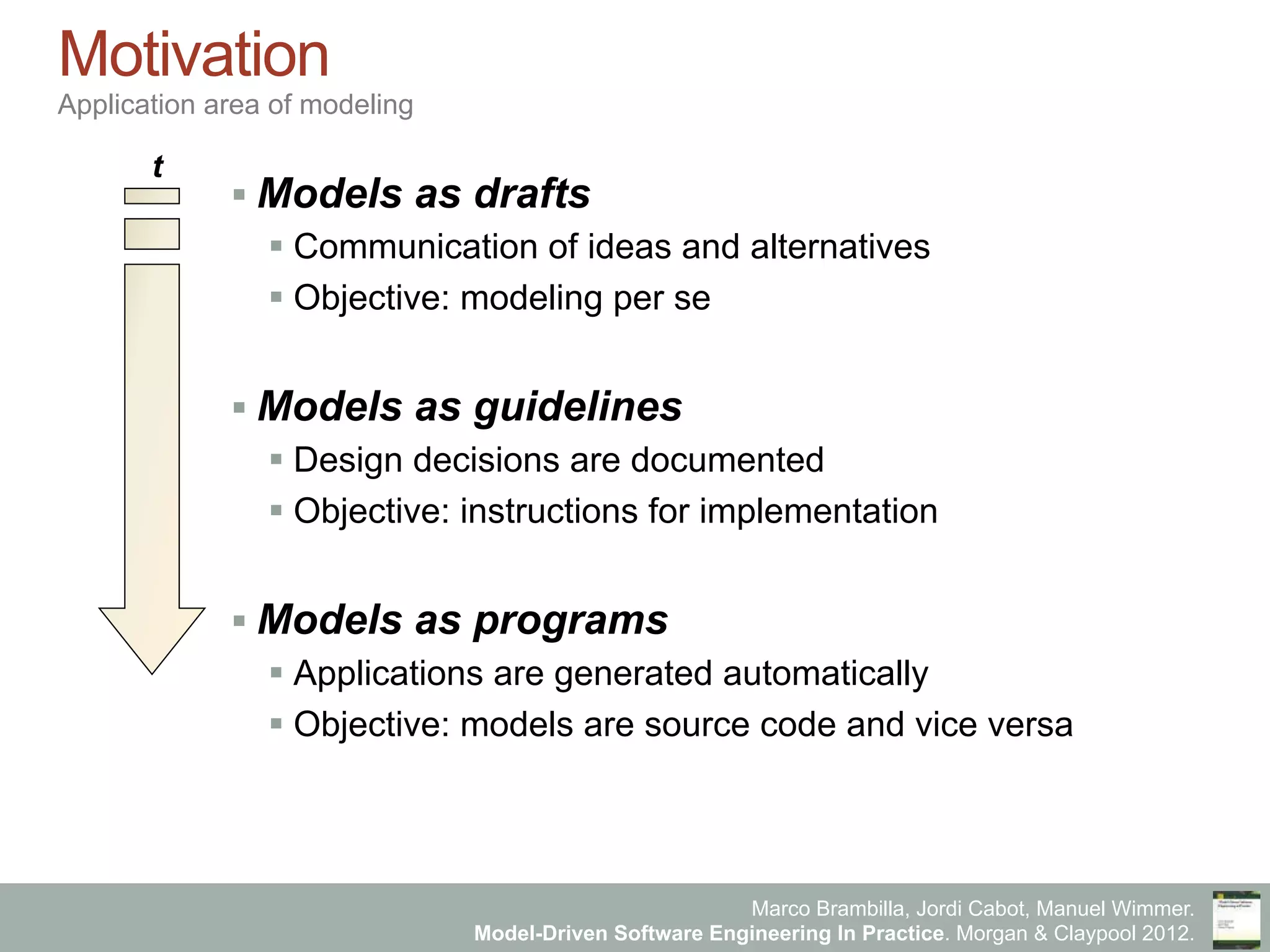 Marco Brambilla, Jordi Cabot, Manuel Wimmer.
Model-Driven Software Engineering In Practice. Morgan & Claypool 2012.
Motivation
Application area of modeling
§ Models as drafts
§ Communication of ideas and alternatives
§ Objective: modeling per se
§ Models as guidelines
§ Design decisions are documented
§ Objective: instructions for implementation
§ Models as programs
§ Applications are generated automatically
§ Objective: models are source code and vice versa
t
 