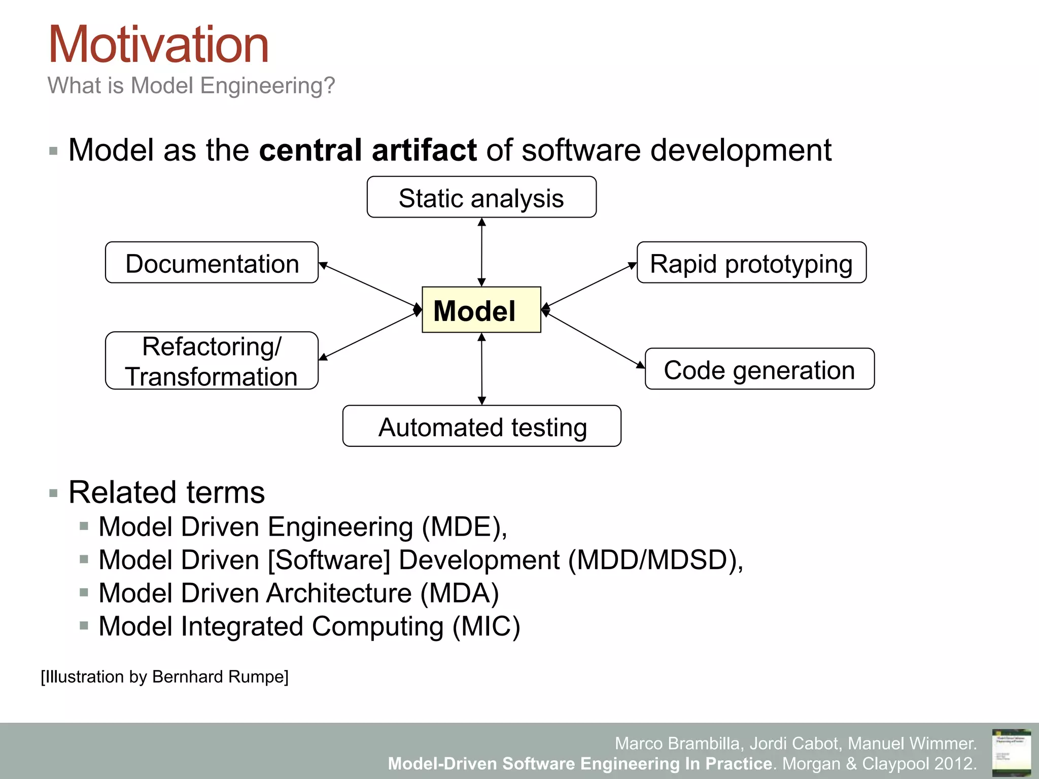 Marco Brambilla, Jordi Cabot, Manuel Wimmer.
Model-Driven Software Engineering In Practice. Morgan & Claypool 2012.
Motivation
What is Model Engineering?
§  Model as the central artifact of software development
§  Related terms
§  Model Driven Engineering (MDE),
§  Model Driven [Software] Development (MDD/MDSD),
§  Model Driven Architecture (MDA)
§  Model Integrated Computing (MIC)
Model
Rapid prototyping
Static analysis
Code generation
Automated testing
Refactoring/
Transformation
Documentation
[Illustration by Bernhard Rumpe]
 
