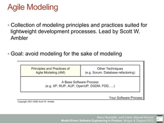 Marco Brambilla, Jordi Cabot, Manuel Wimmer.
Model-Driven Software Engineering In Practice. Morgan & Claypool 2012.
Agile Modeling
§ Collection of modeling principles and practices suited for
lightweight development processes. Lead by Scott W.
Ambler
§ Goal: avoid modeling for the sake of modeling
 