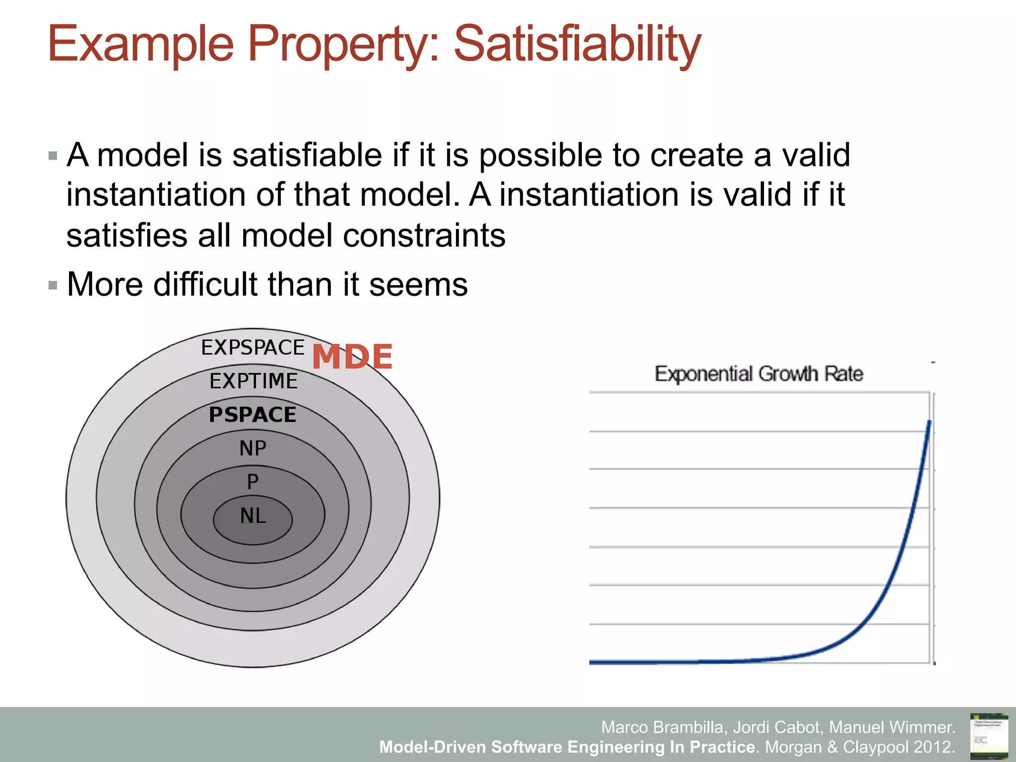 Marco Brambilla, Jordi Cabot, Manuel Wimmer.
Model-Driven Software Engineering In Practice. Morgan & Claypool 2012.
Example Property: Satisfiability
§ A model is satisfiable if it is possible to create a valid
instantiation of that model. A instantiation is valid if it
satisfies all model constraints
§ More difficult than it seems
MDE
 