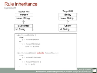 Marco Brambilla, Jordi Cabot, Manuel Wimmer.
Model-Driven Software Engineering In Practice. Morgan & Claypool 2012.
Rule inheritance
Example #2
Person
name: String
Entity
name: String
Customer
id: String
Client
id: String
rule Person2Entity {
from
p : source!Person
to
e : target!Entity(
name <- p.name
)
}
rule Customer2Client extends Person2Entity{
from
p : source!Customer
to
e : target!Client (
id <- p.id
)
}
Source MM Target MM
 
