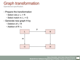 Marco Brambilla, Jordi Cabot, Manuel Wimmer.
Model-Driven Software Engineering In Practice. Morgan  Claypool 2012.
Graph transformation
Operational specification
§  Prepare the transformation
§  Select rule p: L - R
§  Select match m: L - G
§  Generate new graph H by
§  Deletion of L  R
§  Addition of R  L
L	

 R	

G	

p
m
H	

 