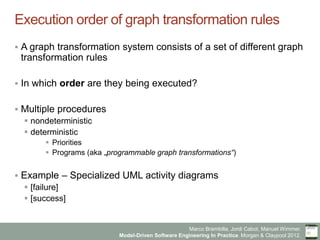 Marco Brambilla, Jordi Cabot, Manuel Wimmer.
Model-Driven Software Engineering In Practice. Morgan  Claypool 2012.
Execution order of graph transformation rules
§  A graph transformation system consists of a set of different graph
transformation rules
§  In which order are they being executed?
§  Multiple procedures
§  nondeterministic
§  deterministic
§  Priorities
§  Programs (aka „programmable graph transformations“)
§  Example – Specialized UML activity diagrams
§  [failure]
§  [success]
 