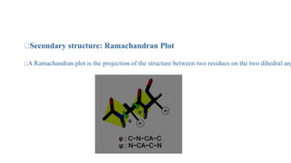 Analysis of MD Simulation
Secondary structure: Ramachandran Plot
A Ramachandran plot is the projection of the structure between two residues on the two dihedral ang
 