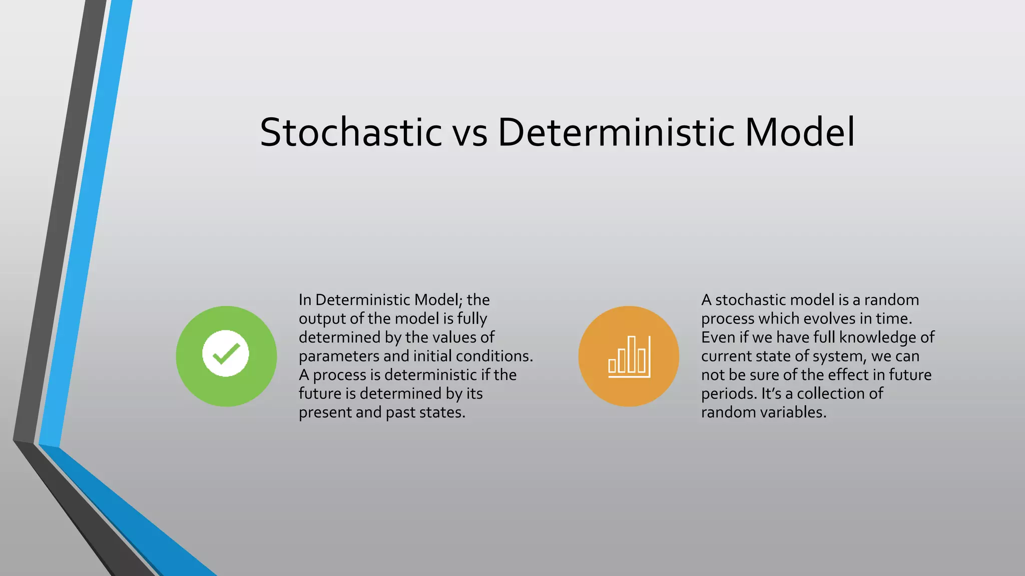 Stochastic vs Deterministic Model
In Deterministic Model; the
output of the model is fully
determined by the values of
parameters and initial conditions.
A process is deterministic if the
future is determined by its
present and past states.
A stochastic model is a random
process which evolves in time.
Even if we have full knowledge of
current state of system, we can
not be sure of the effect in future
periods. It’s a collection of
random variables.
 