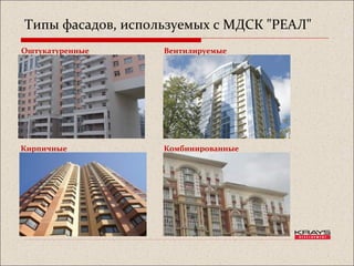 Типы фасадов, используемых с МДСК "РЕАЛ"
Оштукатуренные Вентилируемые
Кирпичные Комбинированные
 